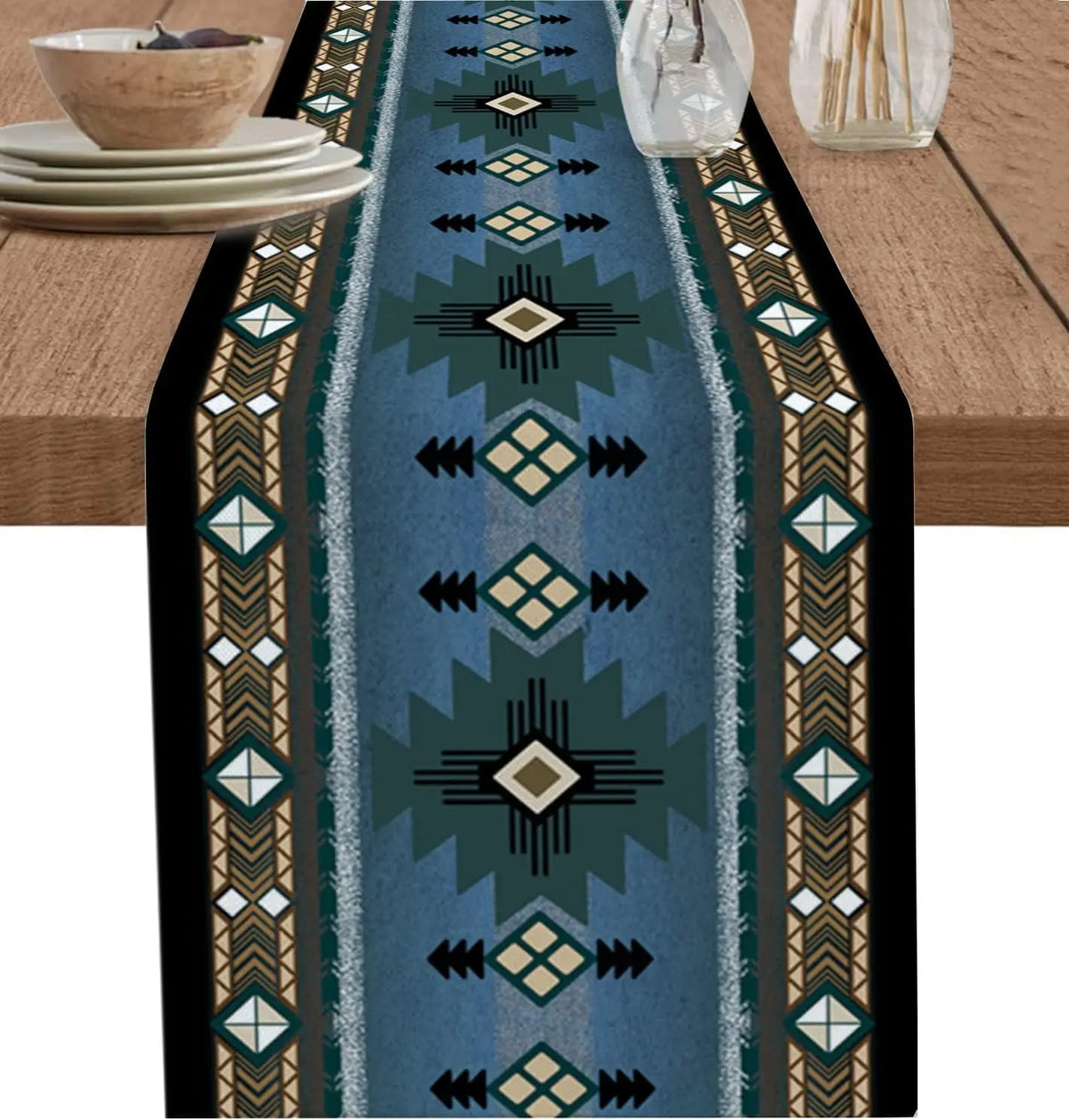 tableau chemin table lin aztèque beige marron bleu rouge moderne ethnique
