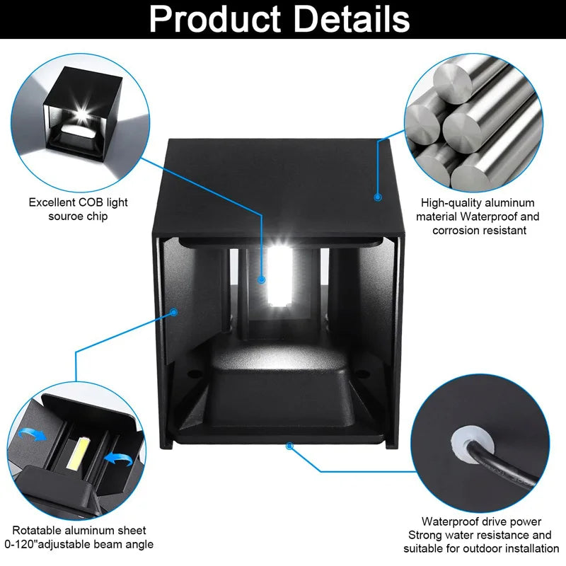 lampe murale moderne led 12w noir mat ip65 verre trempé aluminium