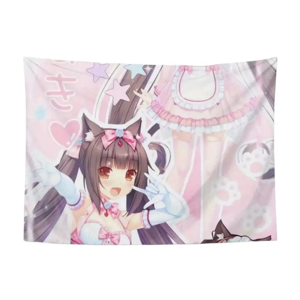 tapisserie murale anime fille oreilles chat coeurs étoiles couleurs douces chambre salon decoration