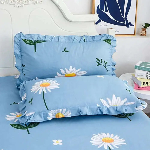 ensemble deux taies d'oreiller bleu fleurs blanches romantique lit double coton polyester