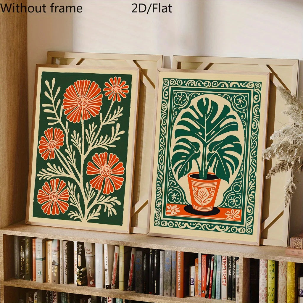 affiches modernes toile fleurs stylisées vert orange beige sans cadre