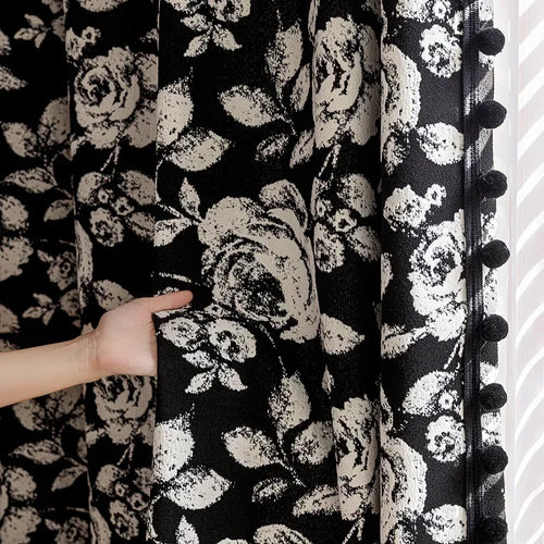 rideau épais velours noir fleurs blanches salon chambre opacité classique fenêtre moderne maison