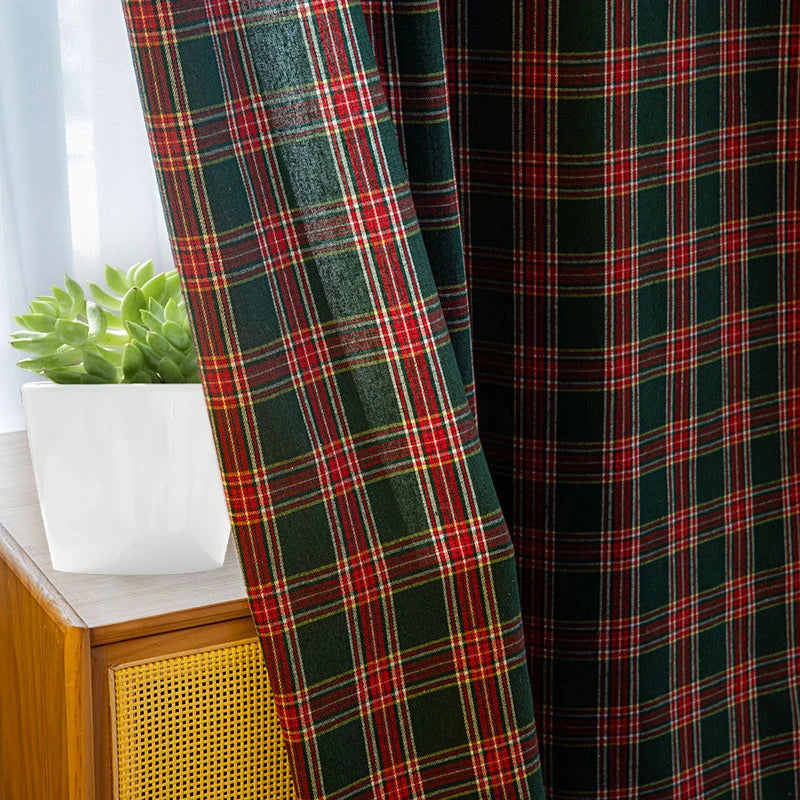 rideau plaid écossais opaque rustique couleur rouge vert noël decoration festive housse polyester moderne