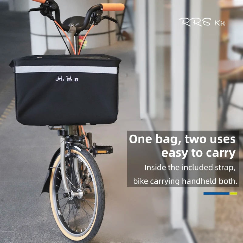 sac vélo brompton étanche noir panier avant utilitaire anse réfléchissante tissu mat nylon minimaliste