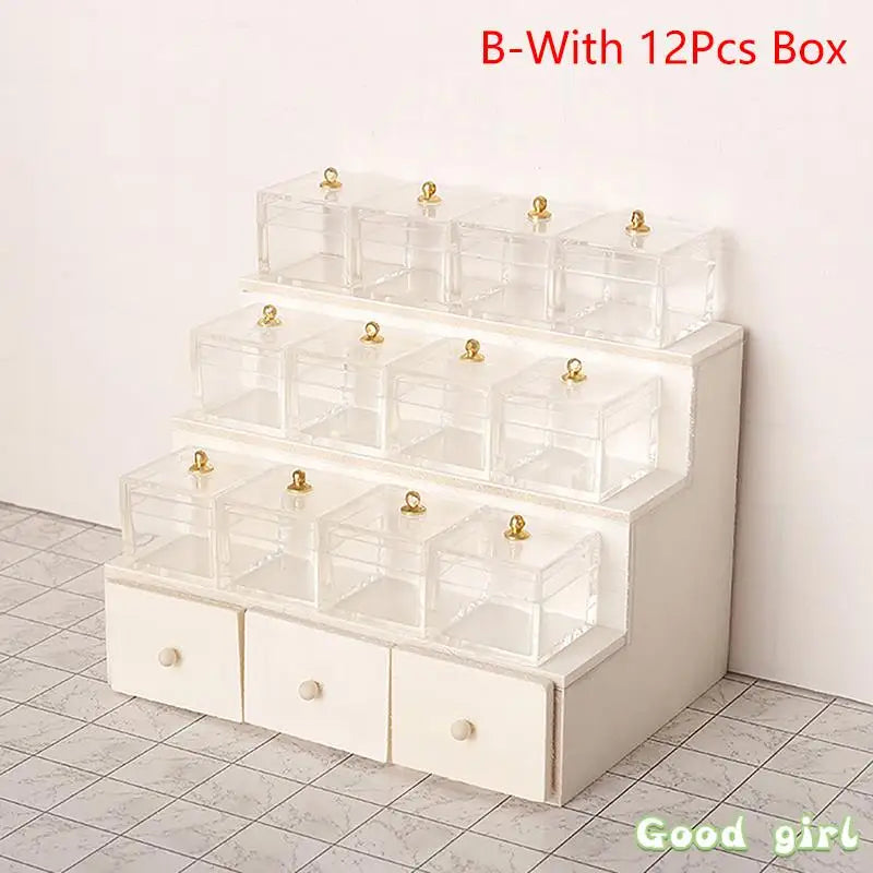 meuble decoratif miniature blanc crème tiroirs transparents objets fantaisie sci fi