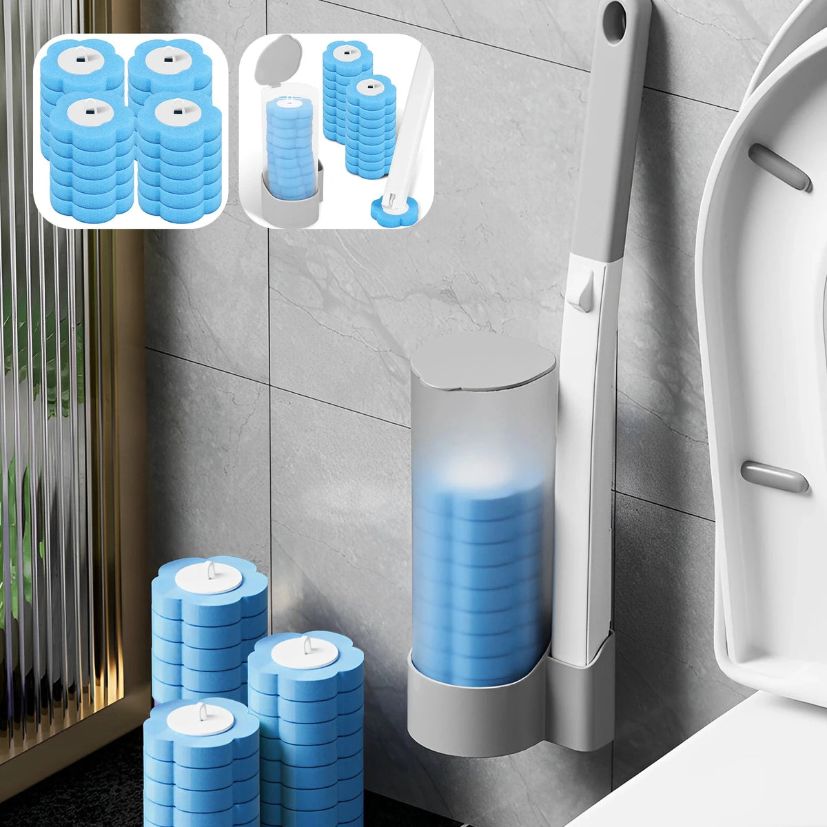 brosse toilette jetable bleue texture granulée moderne adhésif tête remplaçable salle bains