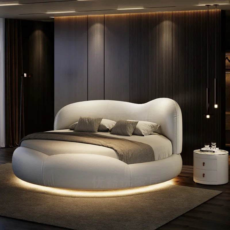 lit rond moderne tête rembourrée éclairage led tables chevet gris clair taupe