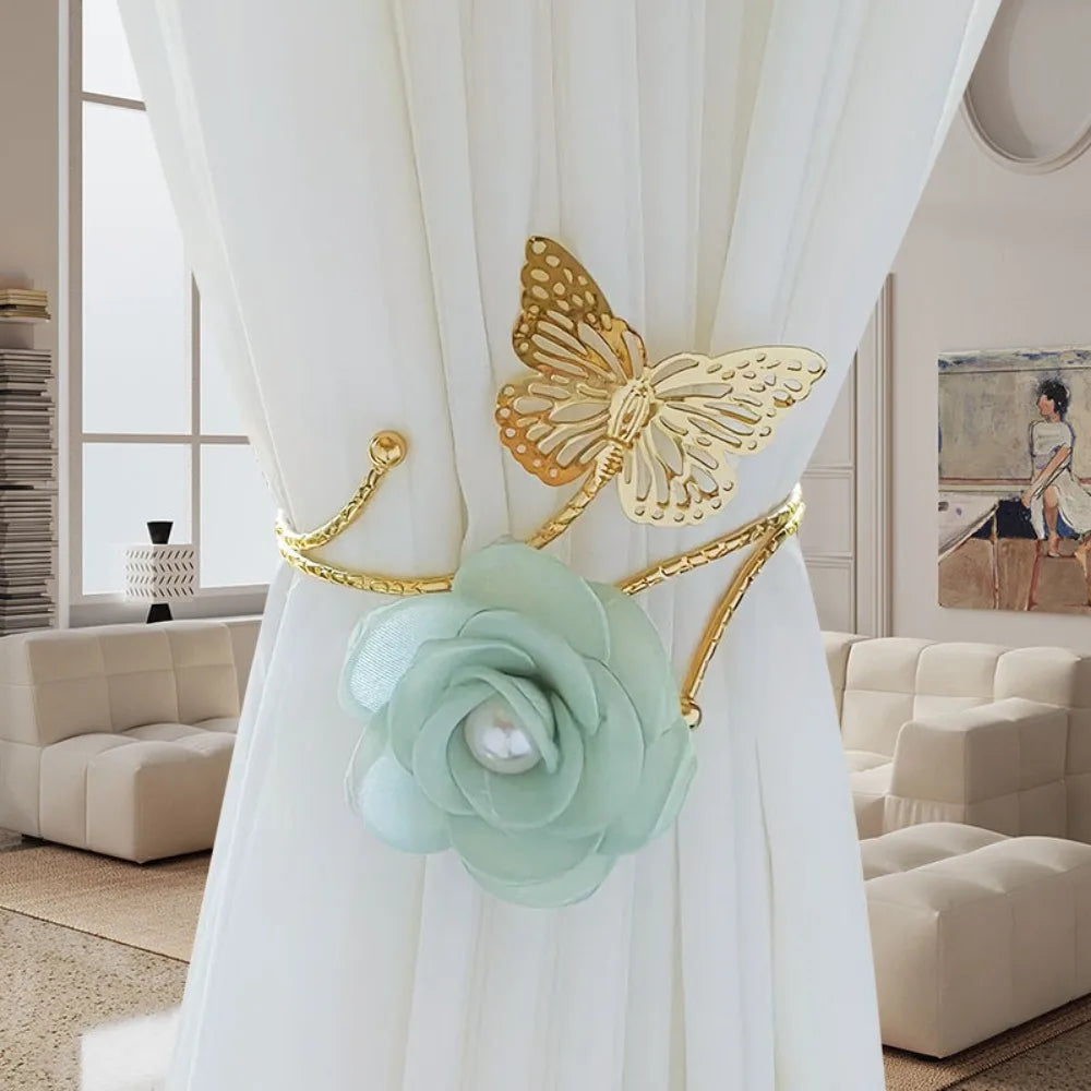 accessoires fenetre sangles rideau papillon fleur blanche dorée élégante transparente