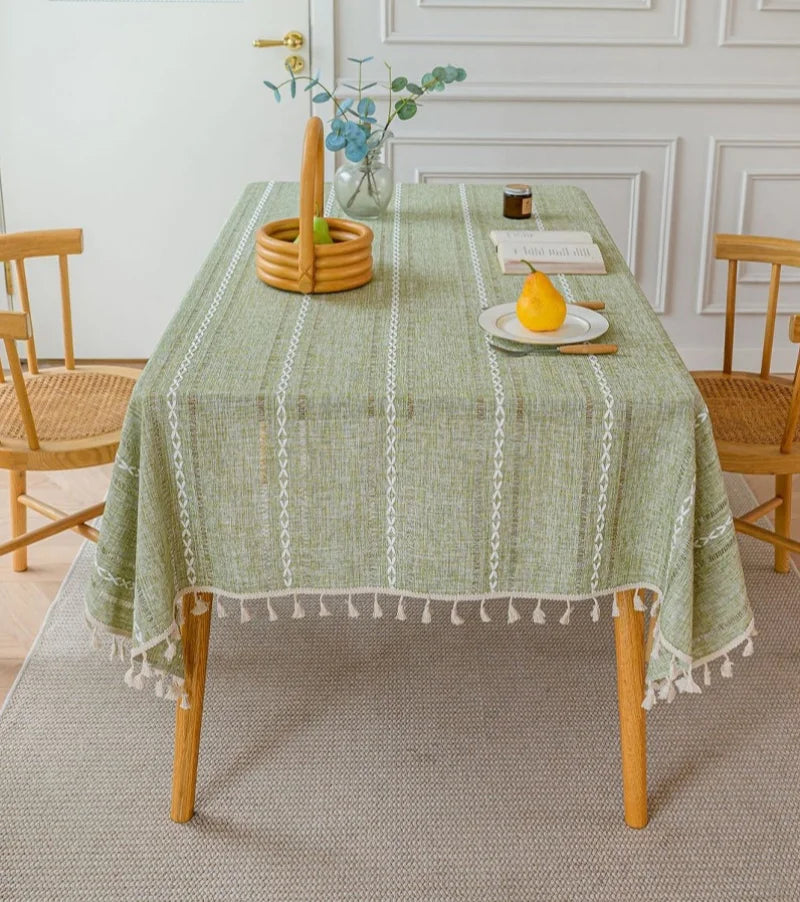 nappe vert olive rayures blanches franges boho chic réutilisable polyester table hiver été ramadan