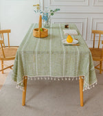 nappe vert olive rayures blanches franges boho chic réutilisable polyester table hiver été ramadan