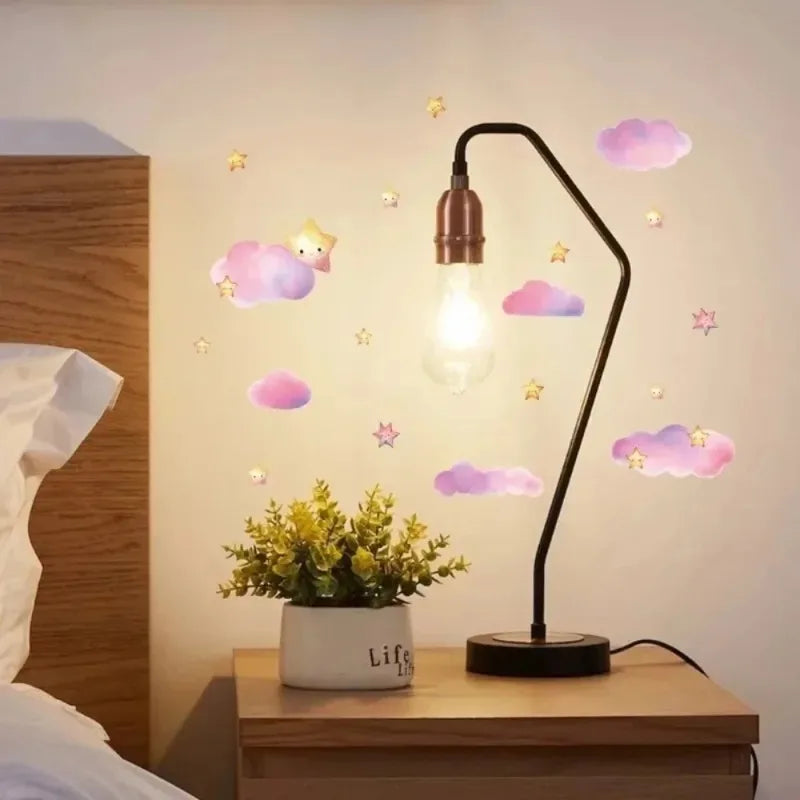 sticker mural nuages étoiles phosphorescent rose bleu vert adhésif chambre enfant moderne
