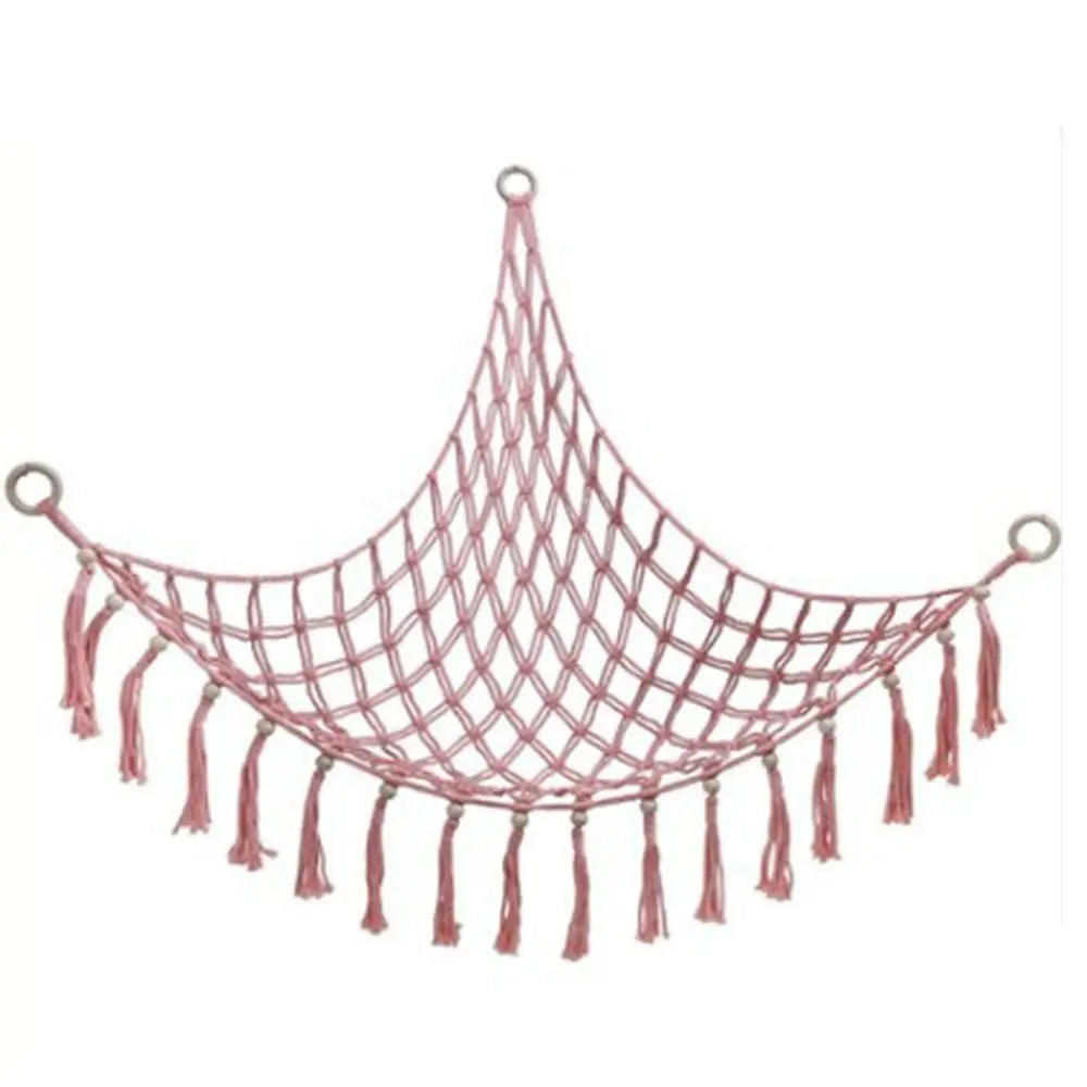 filet suspendu rose blanc maille régulière franges anneaux métalliques réutilisable créatif artisanal