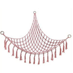 filet suspendu rose blanc maille régulière franges anneaux métalliques réutilisable créatif artisanal