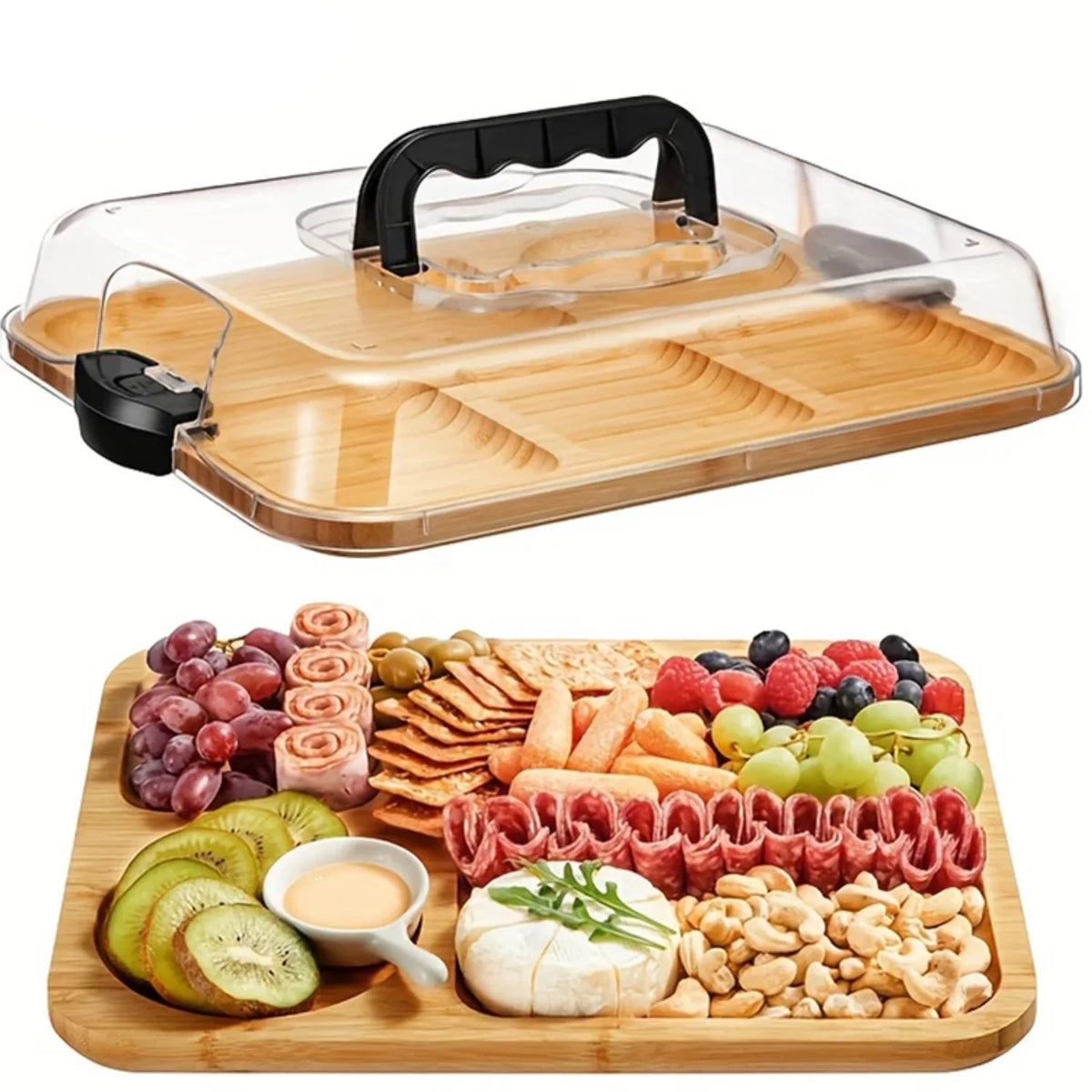 plateau charcuterie bambou transparent couvercle clips poignée noire fruits viandes fromages