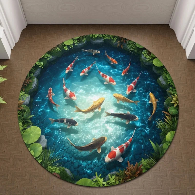 tapis rond moderne poissons carpes lotus géométrique adhésif salon chambre bleu vert
