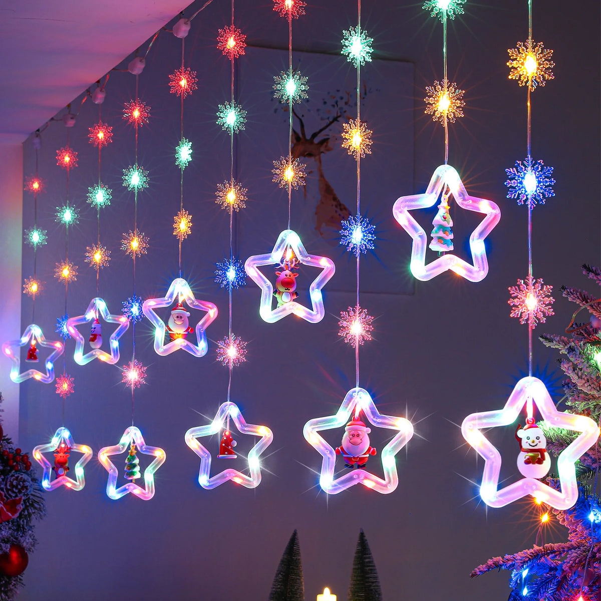 guirlande lumineuse noël multicolore flocons sapins père noël moderne télécommande led 100 ampoules 3m