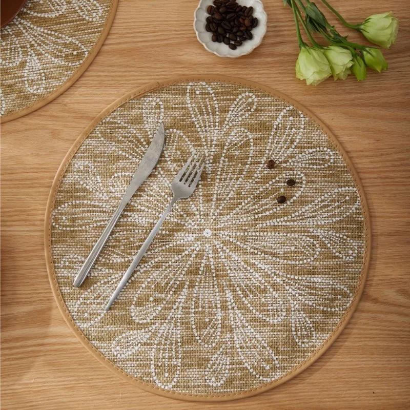 tapis table rond jute motif floral beige noir rustique artisanal 38cm
