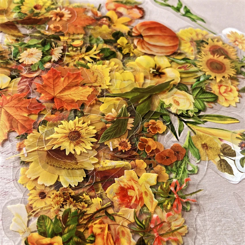 autocollants fleurs feuilles champignons oiseau transparents vintage nature jaune orange vert marron blancscrição automática