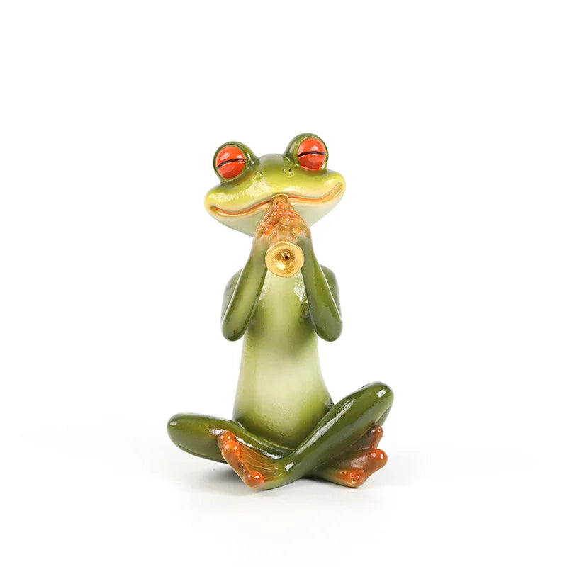figurines grenouilles instruments vert orange rouge détails sculptés artisanal salon jardin