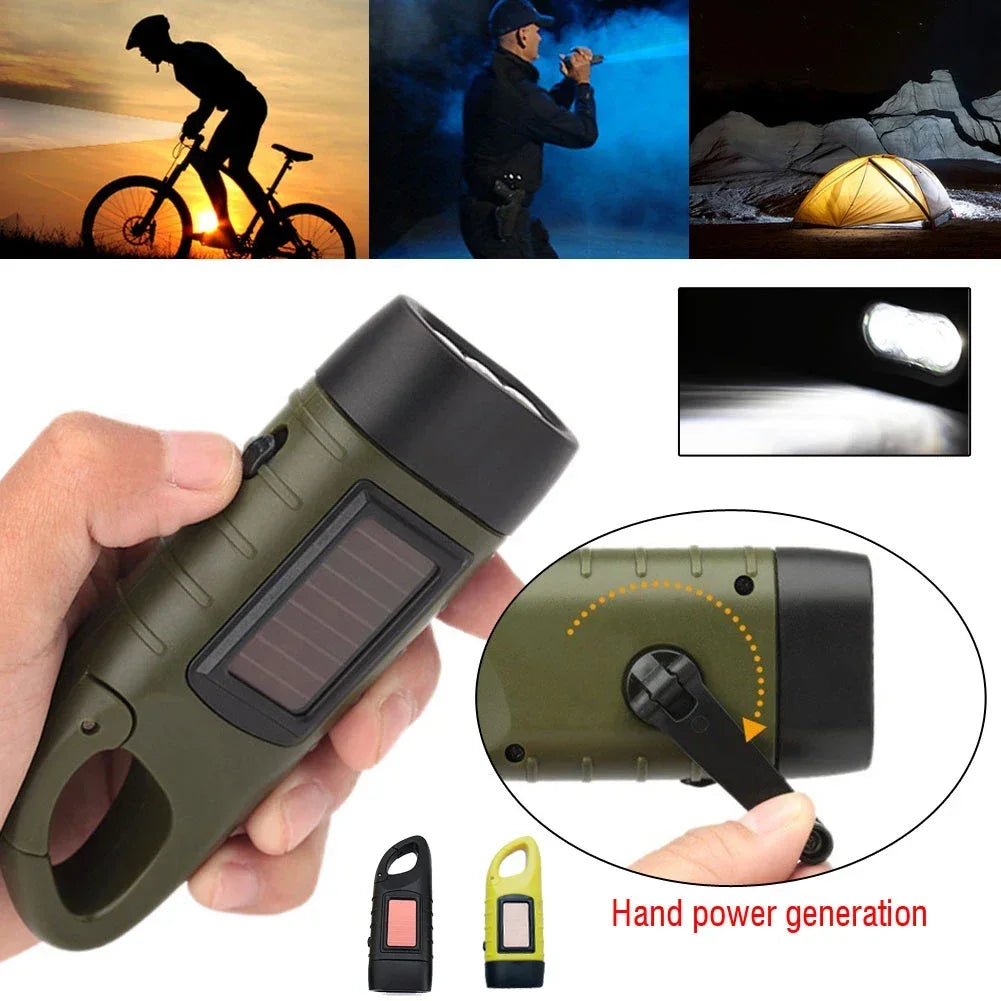 torche rechargeable solaire manivelle vert olive texture antidérapante boucle montagne trois leds