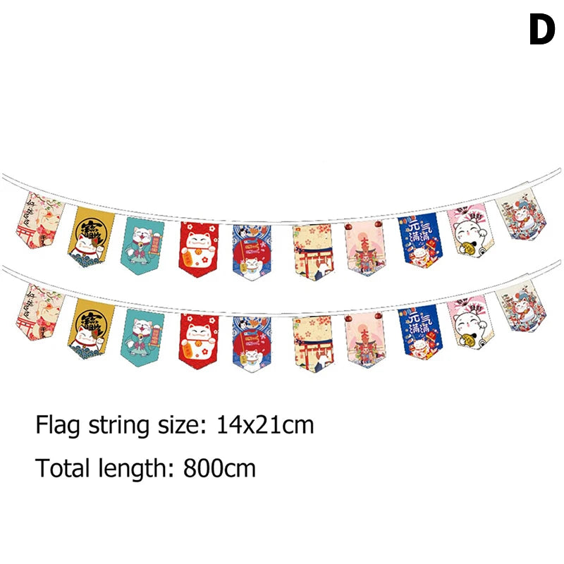 guirlande multicolore fanions japonais maneki neko calligraphie traditionnelle décoration intérieure festive opacité motifs rouges