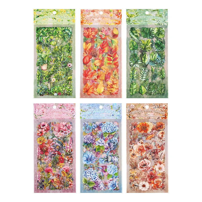 Stickers feuilles fleurs papillons motifs floraux illustration art floral adhésif vert jaune rose bleu