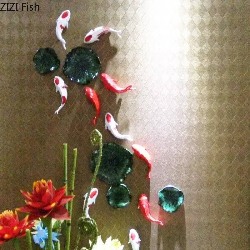 décoration murale moderne poissons rouges feuilles lotus blanc argenté verte