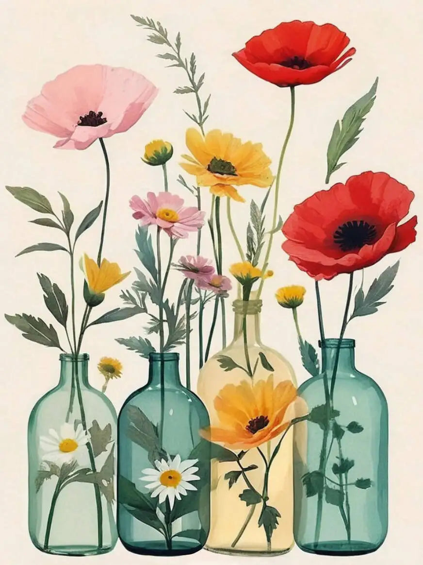 toile peinture fleurs bouteille cadre doré kit débutant peinture numéros moderne art floral relève