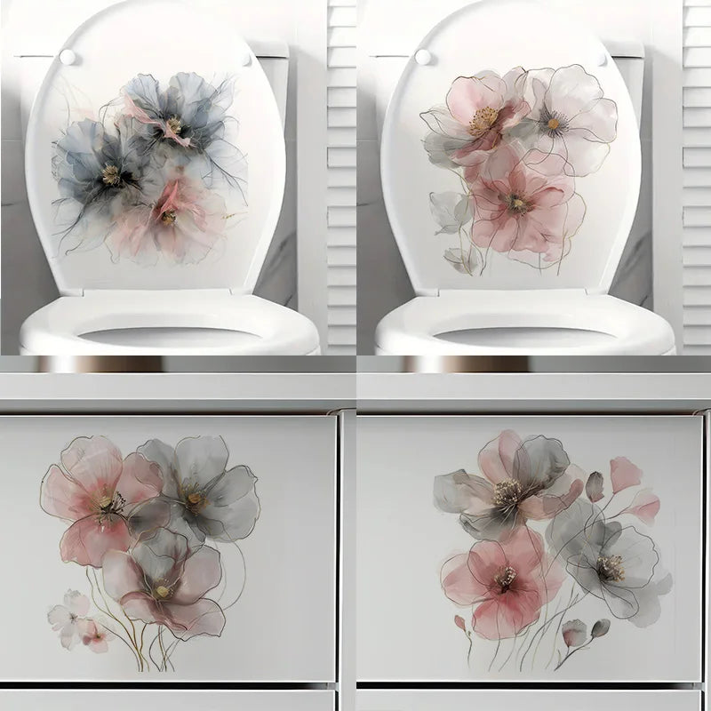 autocollant mural décoratif fleurs abstraites translucide bleu rose gris salle bain moderne
