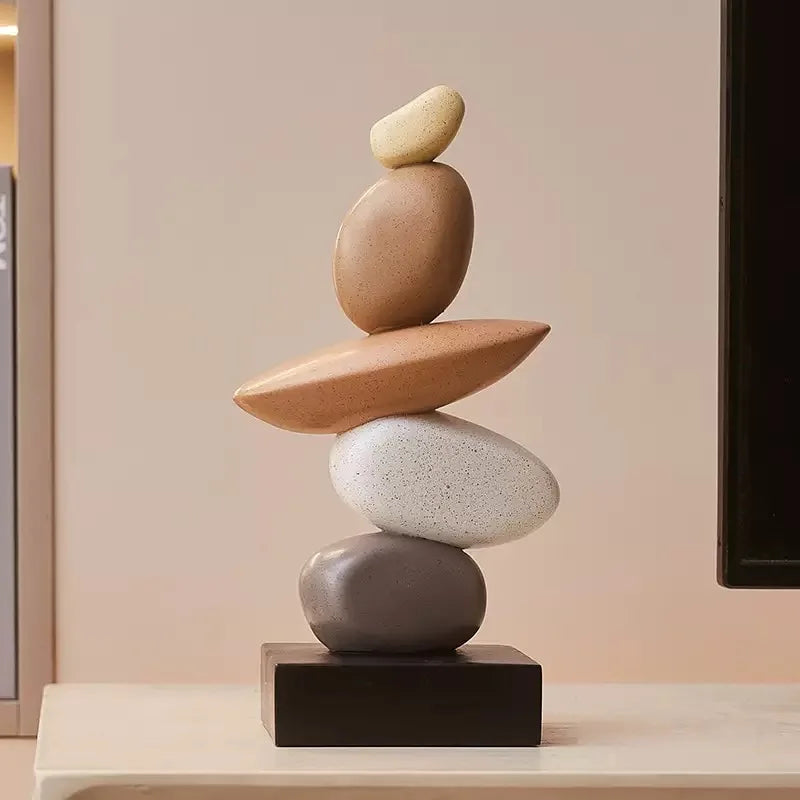 sculpture décorative pierres empilées moderne ornement intérieur feng shui beige marron gris minimaliste contemporain