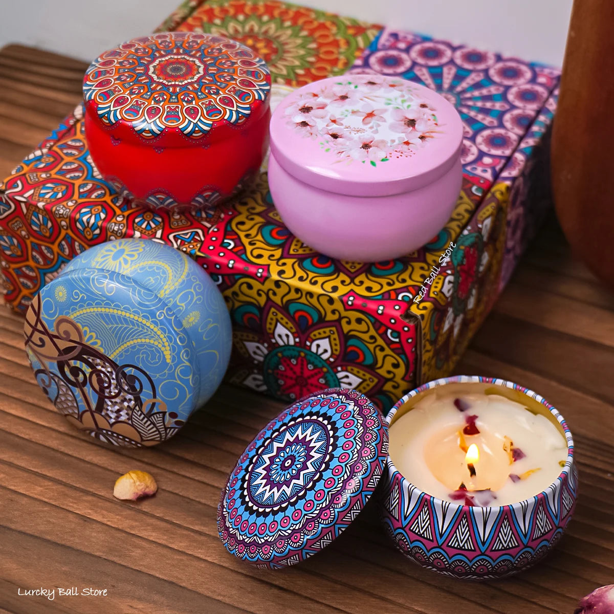 bougies parfumées mandala rouge rose boho chic fleurs séchées boîte carton décorative