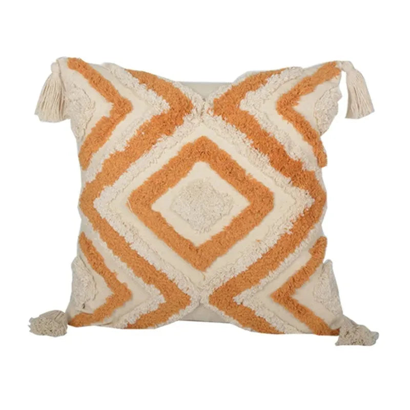 taies d'oreiller géométriques brodées modernes coton polyester blanc orange gris respectueux environnement opaques maison
