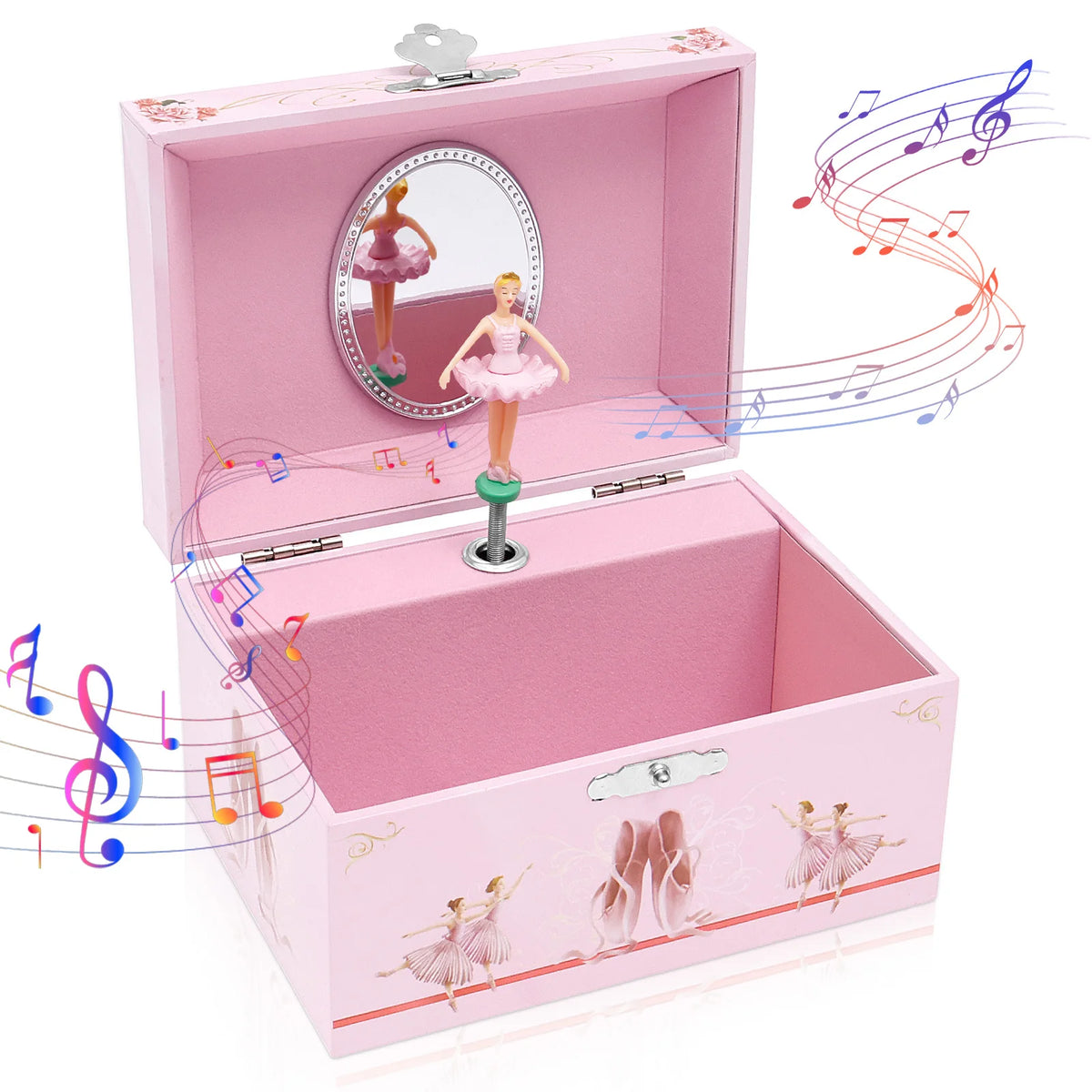 boîte bijoux musicale danseuses ballet miroir poupée rotative bracelets colliers rose clair motifs floraux
