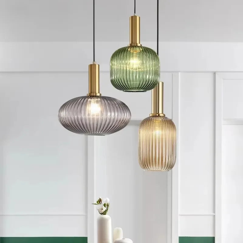 suspension lumineuse moderne or vert ampoule e27 rayures horizontales opacité 20cm 30cm