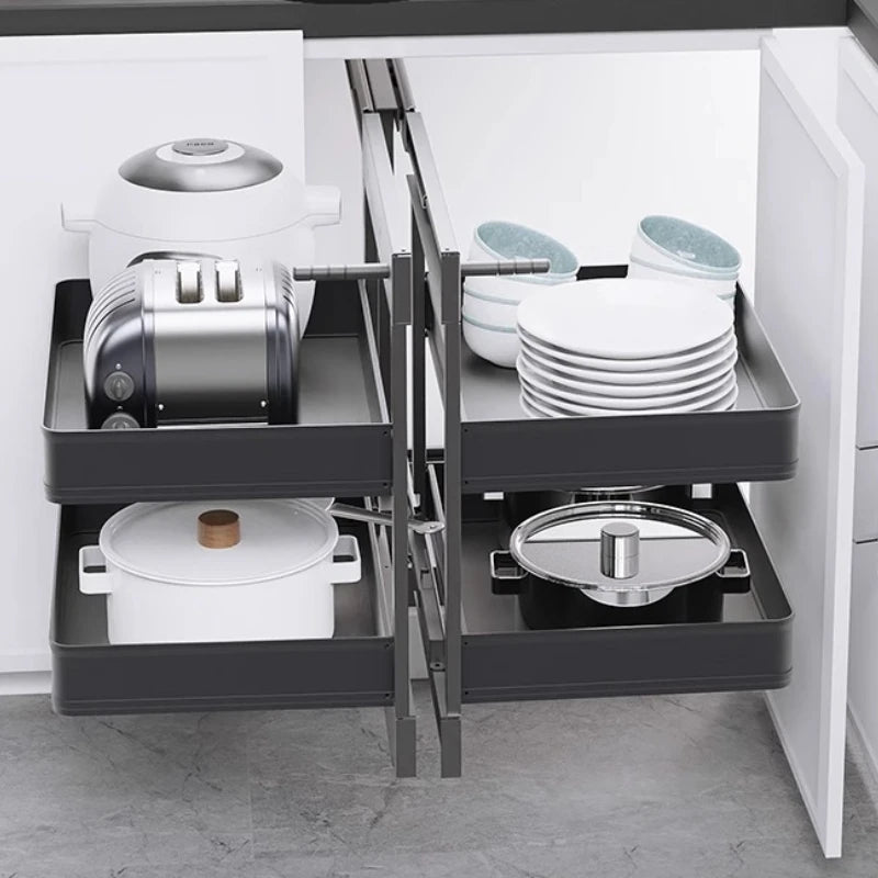 rangement cuisine tiroir coulissant double plateau pivotant gris blanc moderne métal rails hydrauliques pots