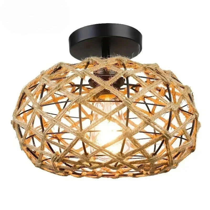 lampe suspendue tissage main cordes chanvre cadre métallique boho rustique naturel bois