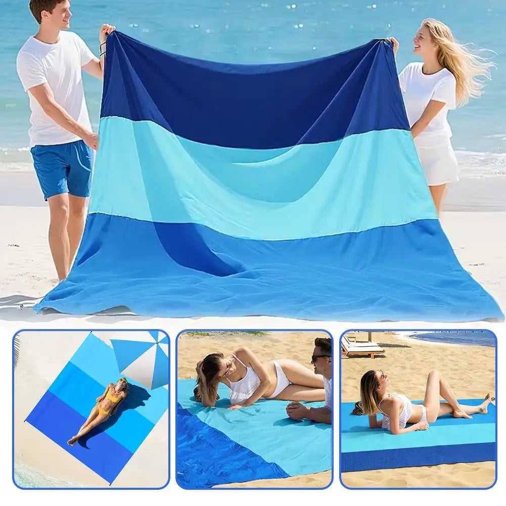 tapis plage pliable bleu tortue coraux étoiles mer ølets piquets sac rangement imperméable anti