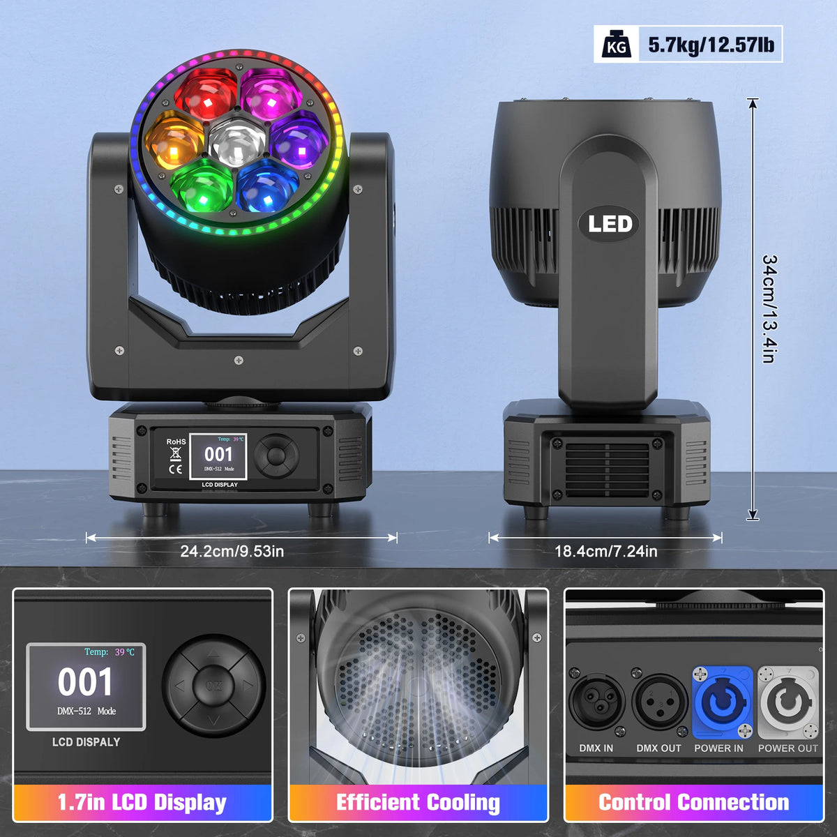 projecteur led rotatif noir effets lumineux dmx scènes professionnelles dj multiple couleurs lcd.controls