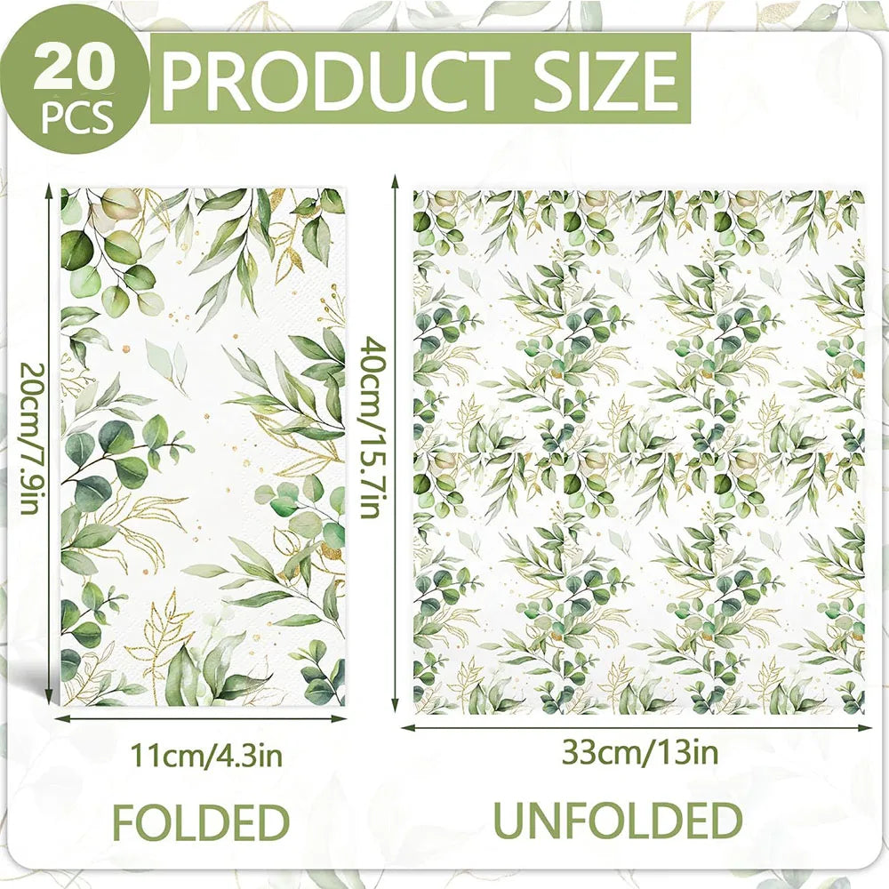 serviettes jetables motif feuilles eucalyptus blanc vert doré moderne élégantes pack 20 pièces evento