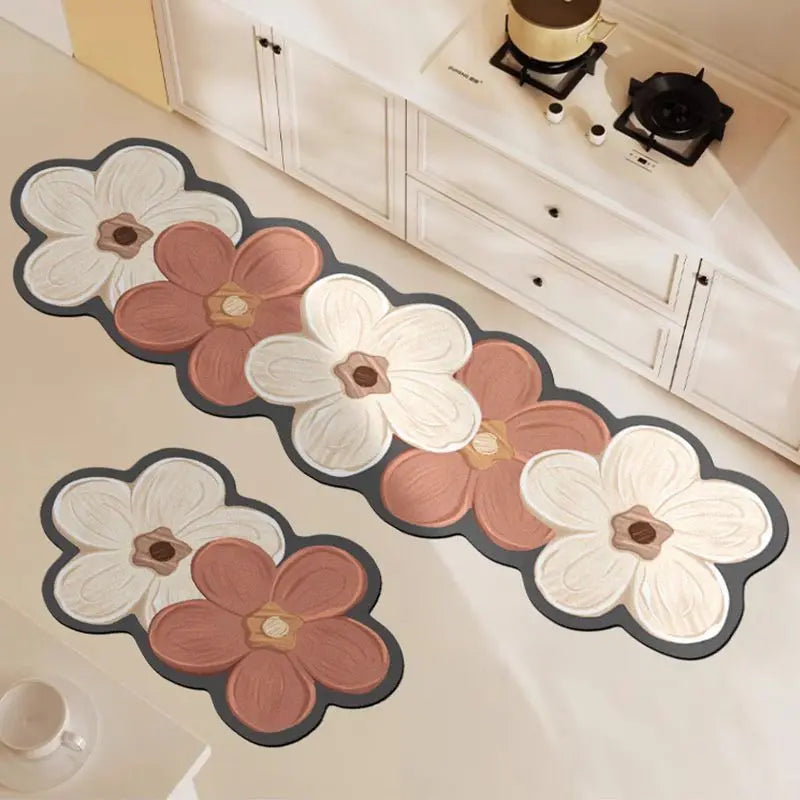 tapis sol acrylique antibactérien moderne fleurs stylisées vert blanc orange