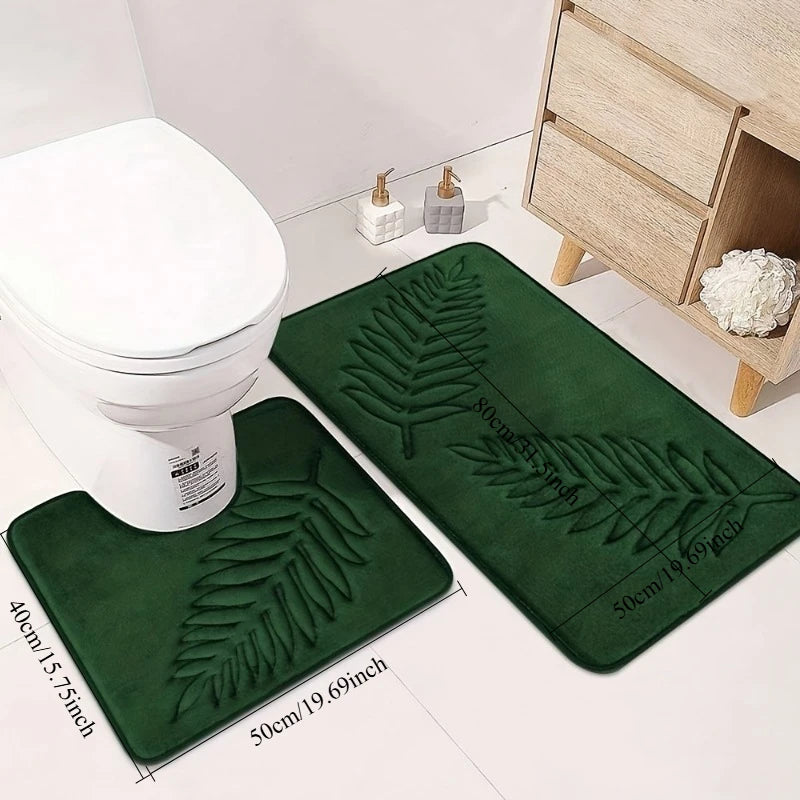 tapis bain deux pièces motif feuille palmier relief coton noir vert gris moderne absorbant