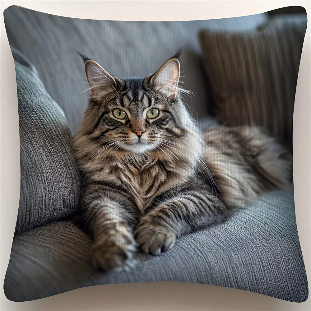 housse coussin imprimé chat maine coon gris moderne polyester 45x45cm invisible decoratif maison voiture
