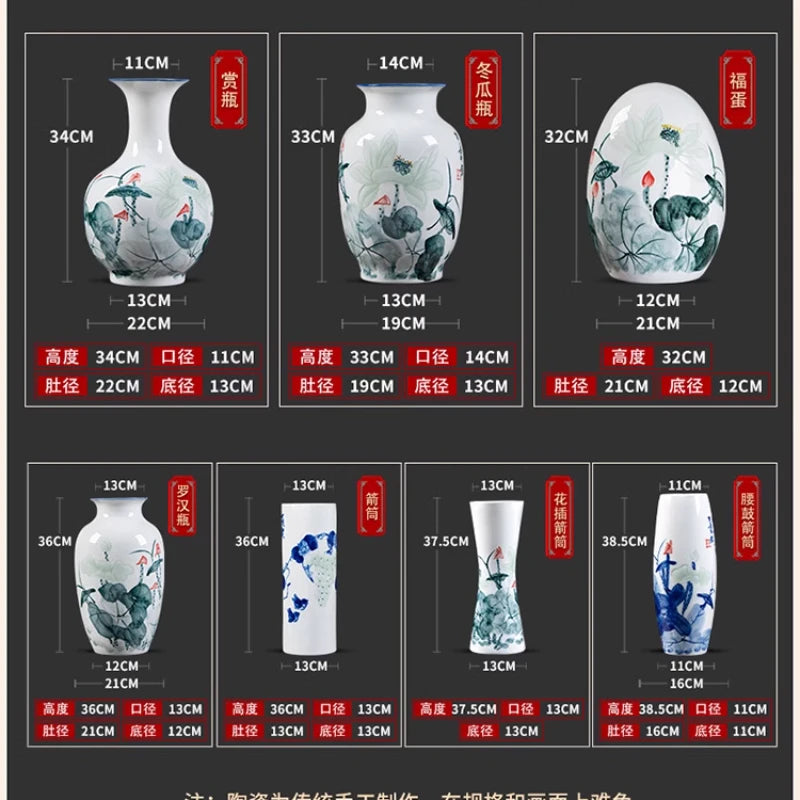 Série de vases décoratifs chinois de style traditionnel, avec des motifs floraux et naturels peints à la main. Chaque vase a des dimensions et des caractéristiques uniques présentées dans le tableau.