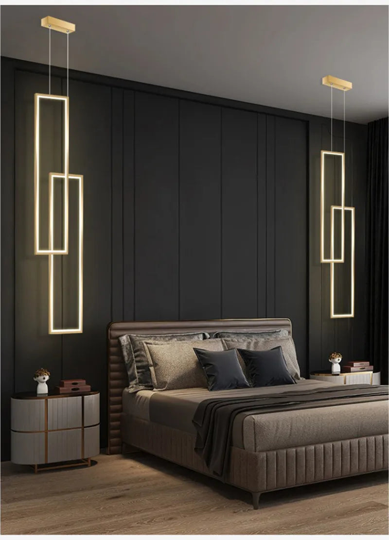 suspension lumineuse moderne rectangle blanc doré lumière chaude neutre led chambre salon