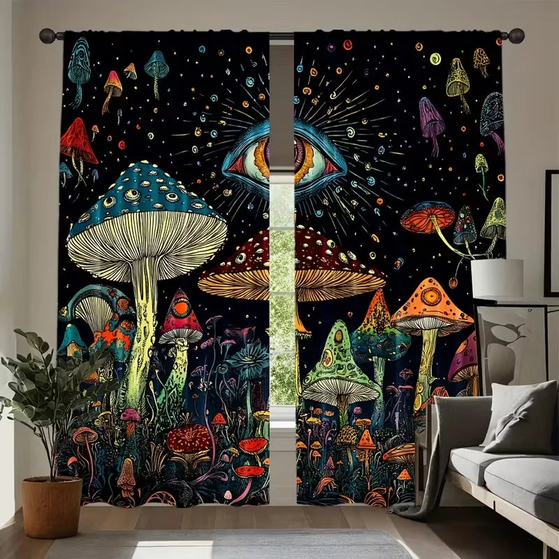 rideau imprimé champignons oeil fantaisie moderne noir bleu vert orange rouge jaune blanc opacité