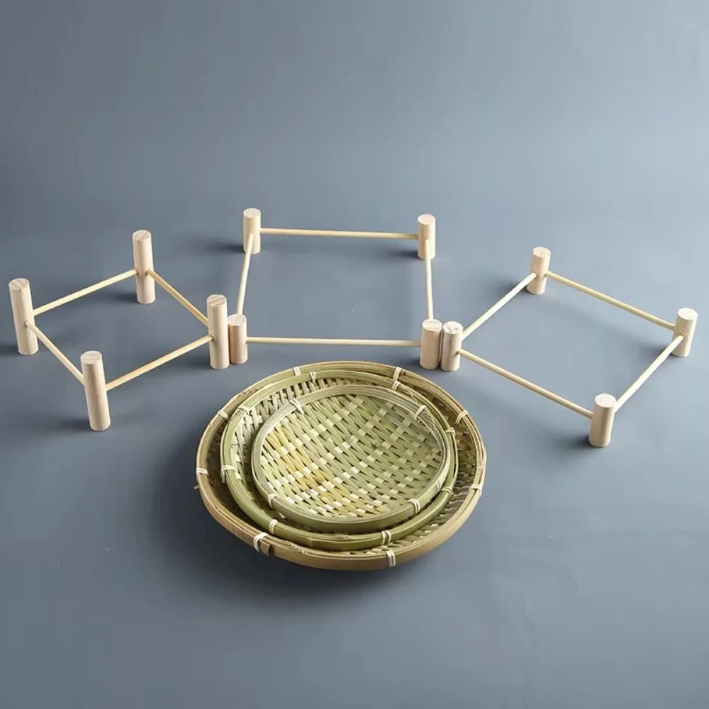 assiettes bambou tissées vert clair beige assiettes traditionnelles empilables multifonctionnels pieds bois