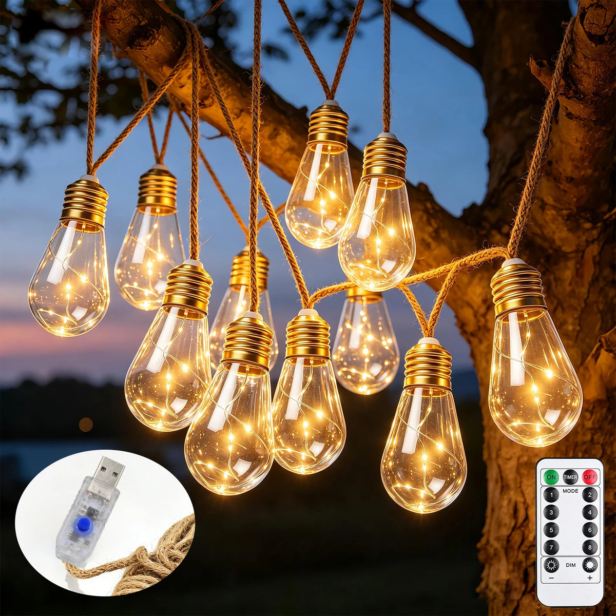 guirlande lumineuse led jaune or modes télécommande corde jute transparente