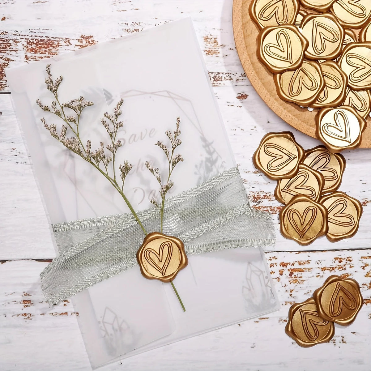 sceaux autocollants forme cœur or relief rétro vintage élégants adhésifs enveloppes papier cartonné fleursscrição