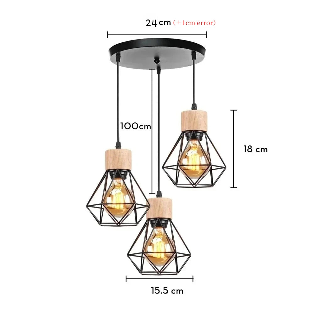 suspension lumineuse industrielle cage métal finition bois naturel ampoule filament noir moderne