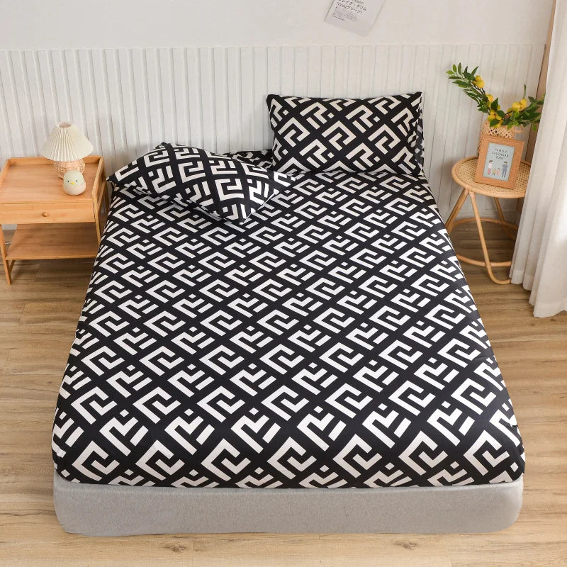 ensemble literie moderne noir blanc motif géométrique drap housse couette deux taies oreillers bord